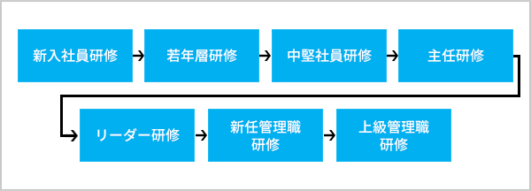 新入社員研修→若年層研修→中堅社員研修→主任研修→リーダー研修→新任管理職研修→上級管理職研修